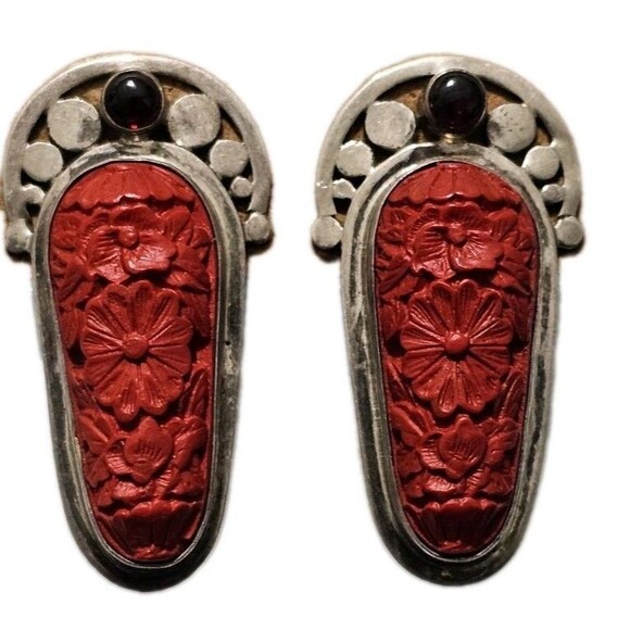 Sajen Jewelry - Vintage Sajen Designer Sterling Silver Carved Cinnabar Garnet Clip On Earrings